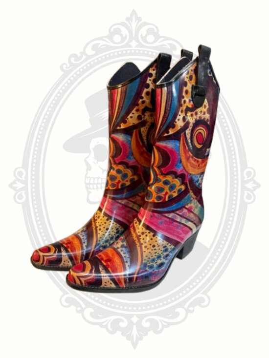 Madeline Shoes - Madeline Colorful Western Rain Boots Psychedelic Print Mid Calf Festival Stateme